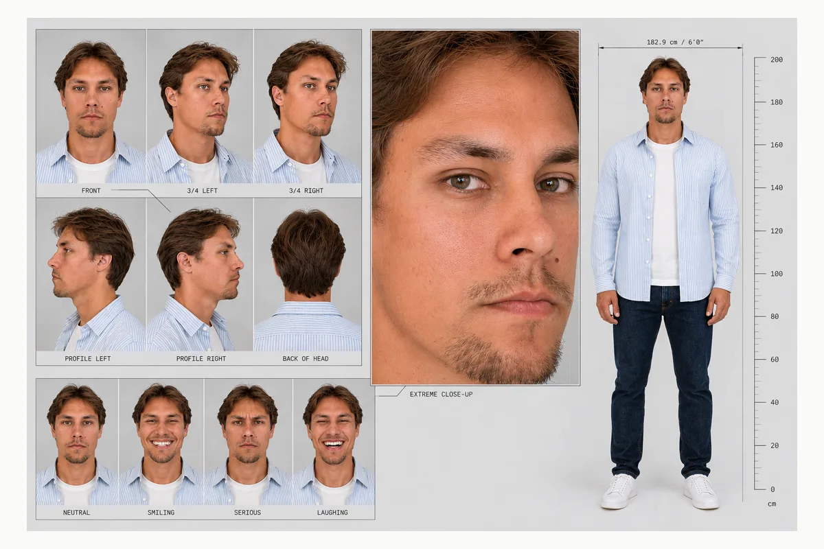 AI character reference sheet: one man from nine head angles, four expressions and a full body view with a height scale