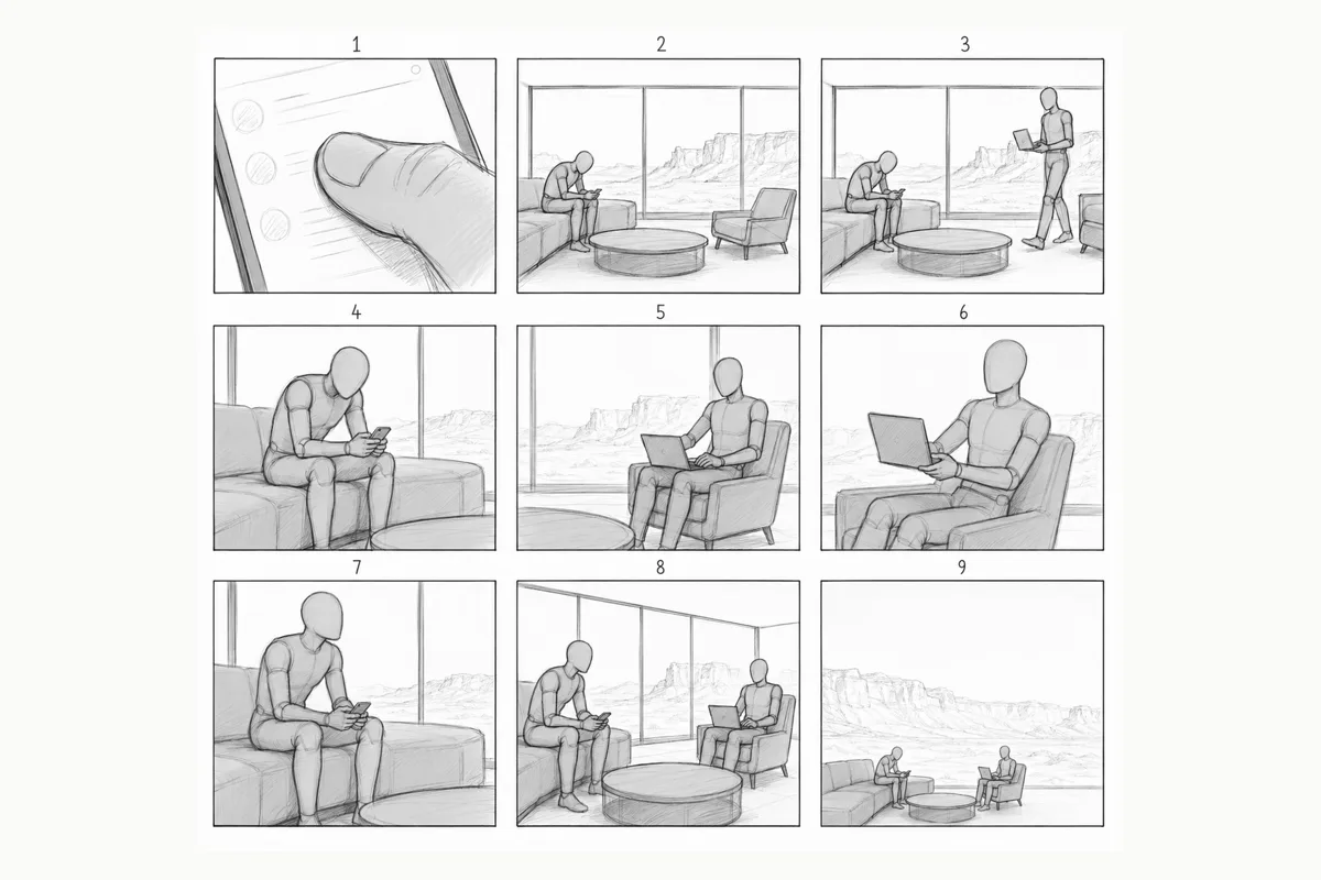 Nine panel pencil storyboard for a 30 second ad, mannequin figures on a sofa in front of a desert view