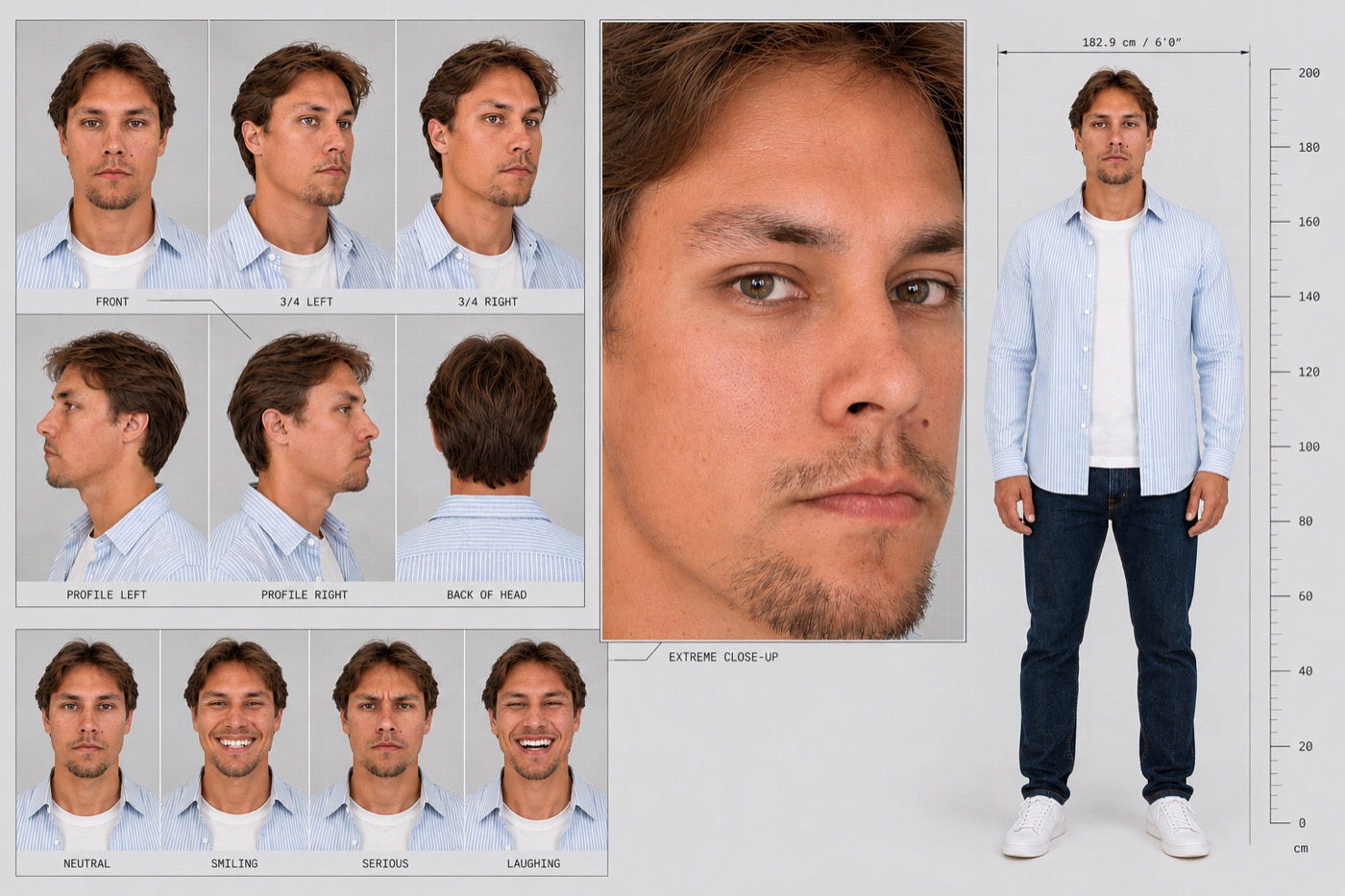 Character reference sheet: six head angles, four expression studies, a macro skin close-up and a full body against a height scale.