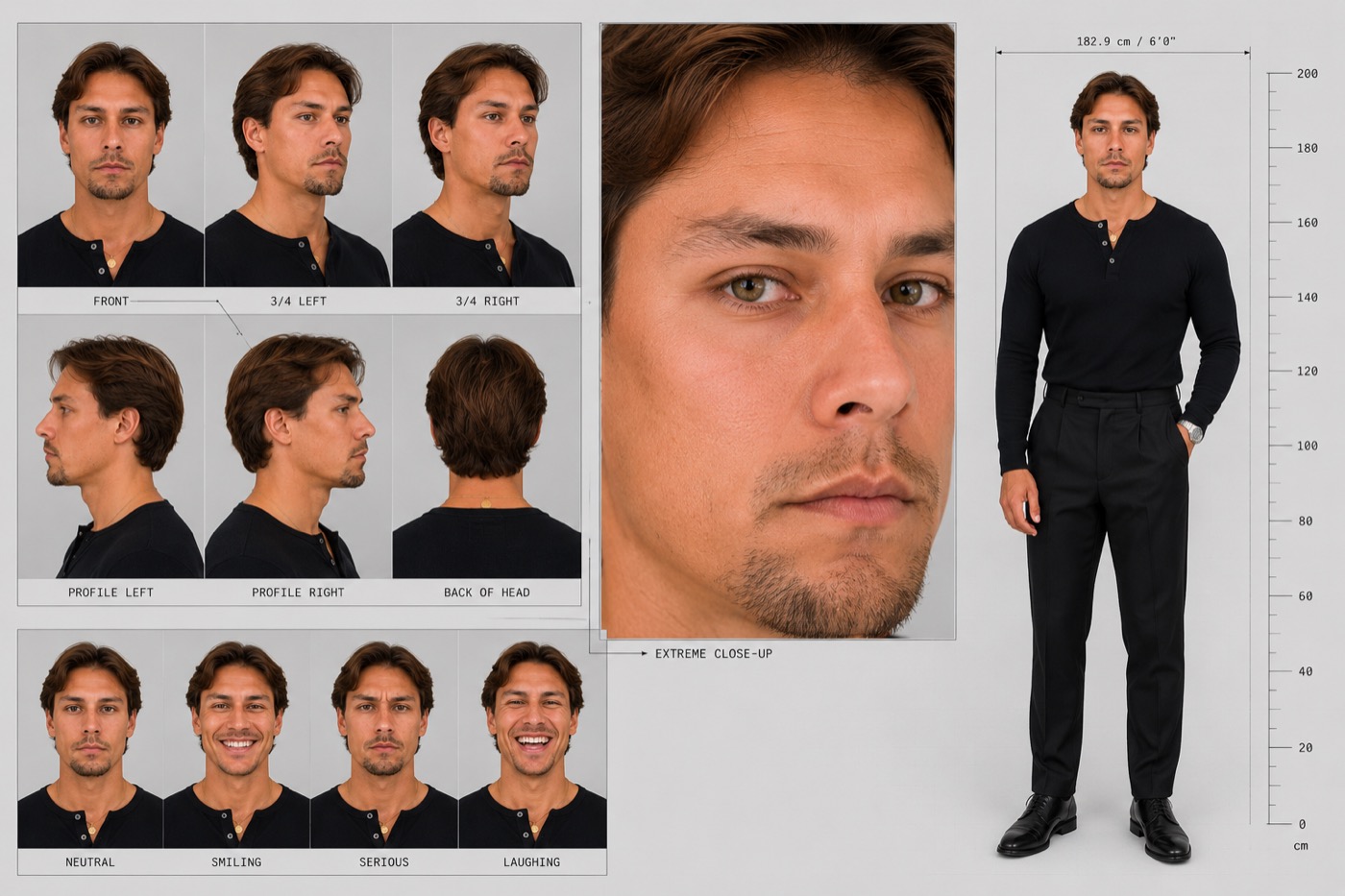 A second character reference sheet of the same face in all black, same six angles and height scale.