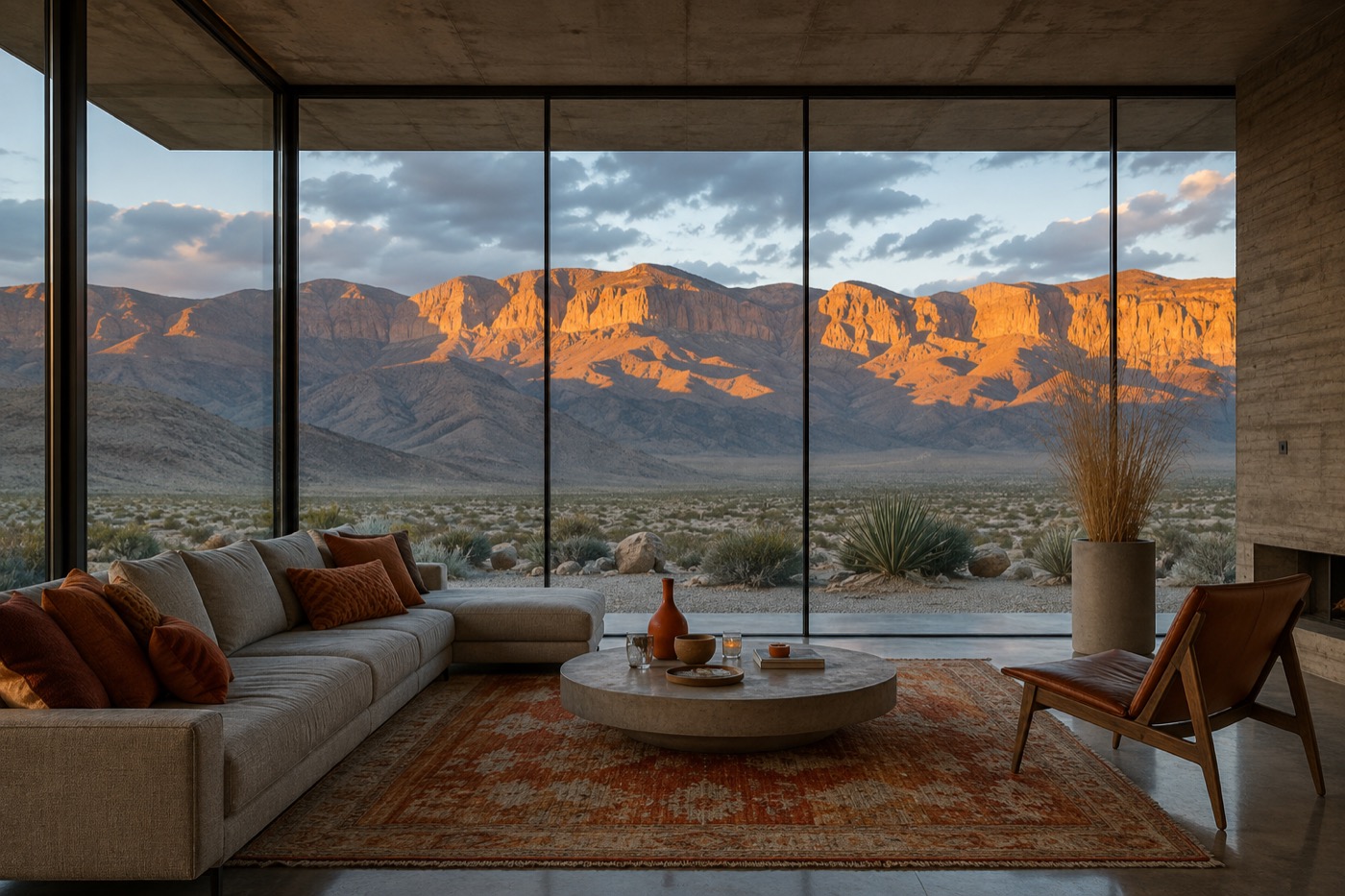 A modernist desert house at dusk: floor to ceiling glass, an amber lit rock ridge outside, pale sectional and a low stone table.