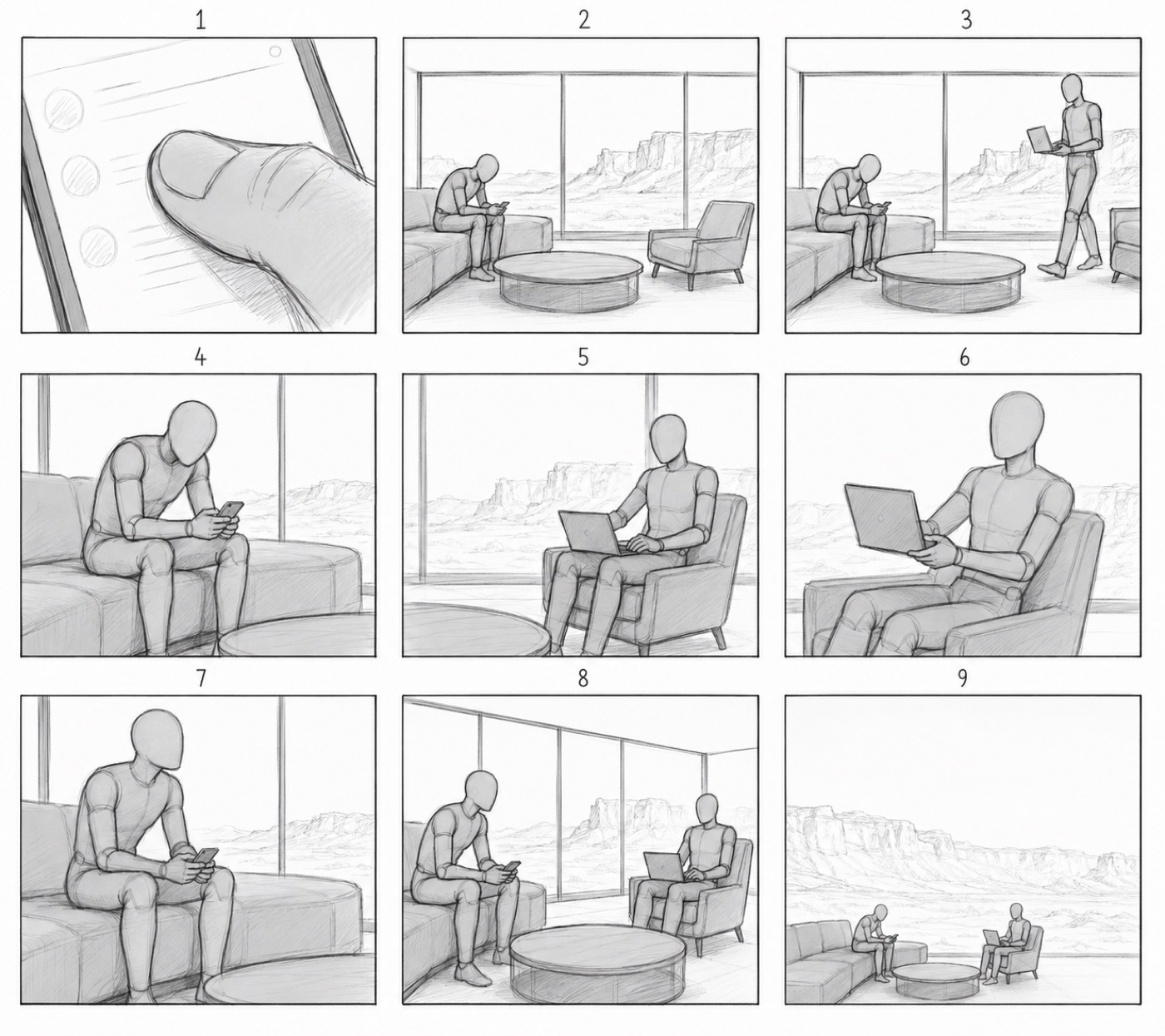 Nine storyboard panels showing grey mannequin figures in a living room, no faces or likeness.
