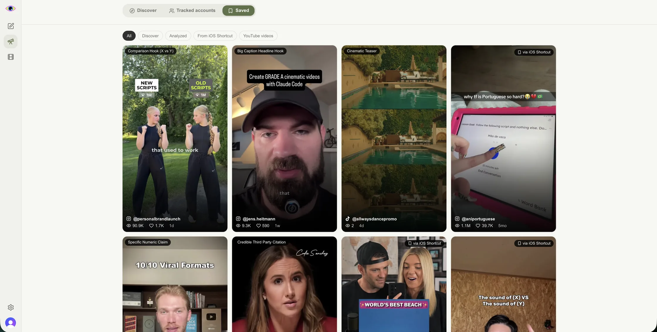 Silma's Saved library: a grid of saved Reels and TikToks from Discover and the iOS Shortcut, each labeled with its hook type, creator handle, views and likes, with filters for Discover, Analyzed, From iOS Shortcut and YouTube videos